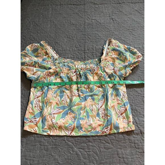 Roxy leaf tropical floral print crop top puff sleeve wide leg pant set medium - Picture 11 of 14